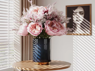 Modern Decorative Arrangement With Black Vase Pink Peonies And Framed Painting On Round Table 3d model