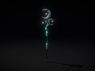 Mystical Staff With Green Glowing Decorations Three Moon Shaped Structures On Top And Black Background 3d model