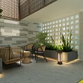 Modern Hotel Atrium Design With Glass Skylight Trees Green Plants And Sofa Seats