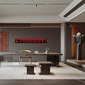 Modern Tea Room Featuring Wooden Elements Gray Walls Red Decorative Painting Long Table And Chairs