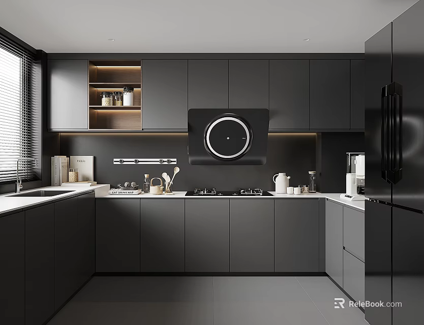 Modern Kitchen Interior Design With Dark Cabinets Round Range Hood And Open Shelves 3d model 