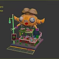 Colorful Cartoon Food Stall With Orange Character Pink Brain Head Street Lamp And Tables