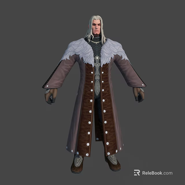 Detailed Fantasy Character With Silver White Hair Brown Fur Collar Long Coat And Leather Boots 3d model 