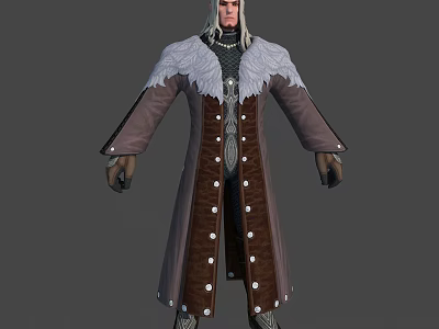Detailed Fantasy Character With Silver White Hair Brown Fur Collar Long Coat And Leather Boots 3d model