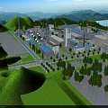 Aerial View of Industrial Plant Surrounded by Green Hills With Multiple Buildings and Industrial Equipment