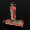 Two Vintage Red Fire Extinguishers With Green Labels And Hose On Black Background