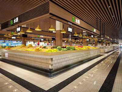 Bright Organized Supermarket Department Store With Fresh Fruit Vegetable Section And Warm Lighting 3d model