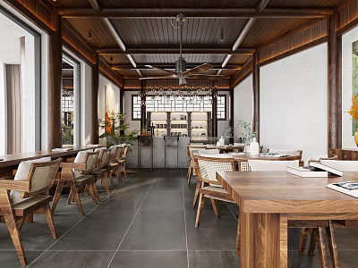 Cozy Rustic Cafe Interior with Spacious Layout Wooden Furniture Natural Light and Green Plants 3d model