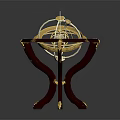Exquisite Vintage Armillary Sphere With Crimson Three Leg Base And Golden Decorations