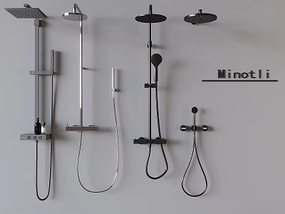 Minotli Modern Shower Systems With Various Styles And Finishes Displayed On Gray Wall 3d model