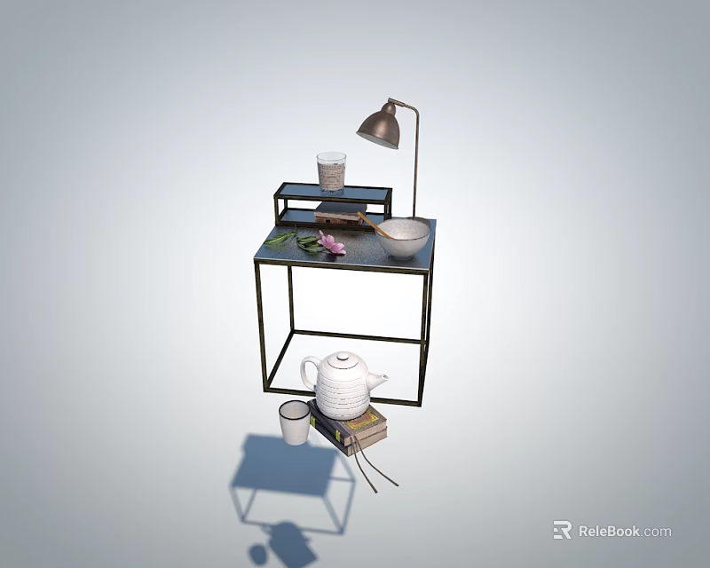 Stylish Decorative Ornament Set With Table Lamp Teapot Cup And Flower On Small Table 3d model 