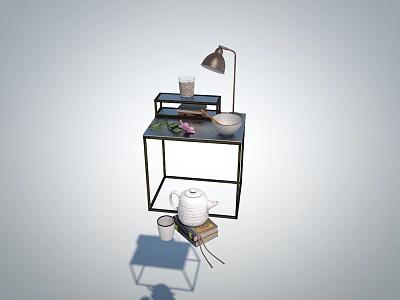 Stylish Decorative Ornament Set With Table Lamp Teapot Cup And Flower On Small Table 3d model
