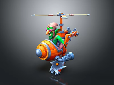 Cartoon Game Character With Green Skin Riding Orange Helicopter Flying Vehicle Wooden Metal Structure 3d model
