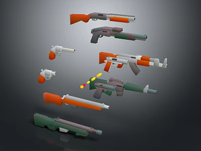 Toy Weapons Collection Featuring Various Plastic Guns With Orange Green And Gray Designs 3d model