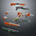 Toy Weapons Collection Featuring Various Plastic Guns With Orange Green And Gray Designs