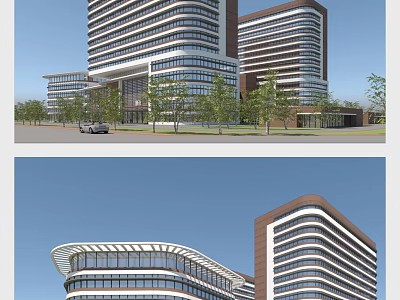 Modern High Rise Building Exterior With Glass Curtain Wall Curved Design And Trees Along Road 3d model