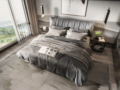 Modern Double Bed with Upholstered Headboard Grey Bedding Nightstand Wall Artwork and Scenic Window View 3d model