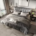 Modern Double Bed with Upholstered Headboard Grey Bedding Nightstand Wall Artwork and Scenic Window View