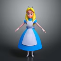 3D Game Movie Character With Blonde Hair Blue Dress And White Apron Standing