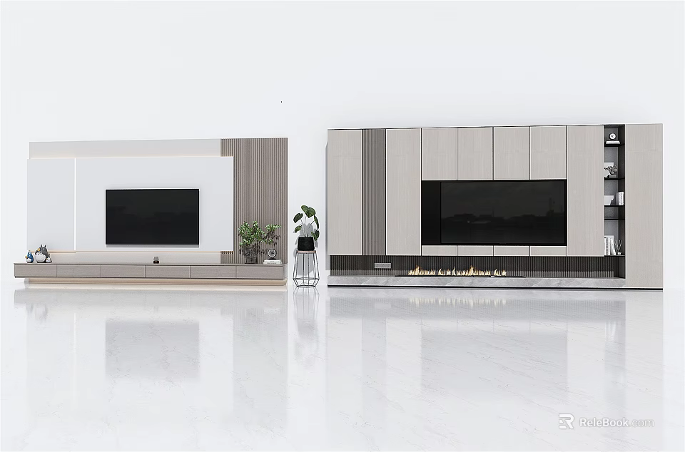 Modern TV Background Wall Design With Wooden Panels White Cabinets And Fireplace 3d model 
