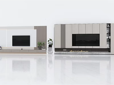 Modern TV Background Wall Design With Wooden Panels White Cabinets And Fireplace 3d model