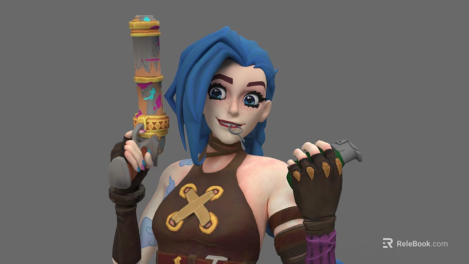 Woman with Blue Hair Holding Decorated Weapon Wearing Brown Vest and Clawed Gloves 3d model 
