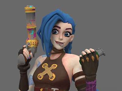 Woman with Blue Hair Holding Decorated Weapon Wearing Brown Vest and Clawed Gloves 3d model