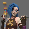 Woman with Blue Hair Holding Decorated Weapon Wearing Brown Vest and Clawed Gloves