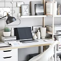 Modern Home Office Desk And Chair Combination With Bookshelf Laptop Lamp Books Storage Boxes