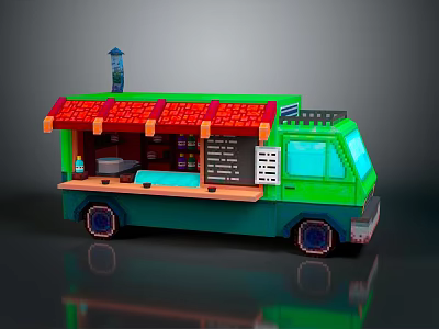 Green Mobile Food Truck Design With Red Roof Menu Board And Windows 3d model