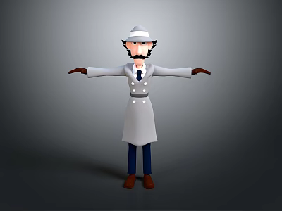 Game Movie Character 3D Model With White Trench Coat Hat And Outstretched Arms 3d model