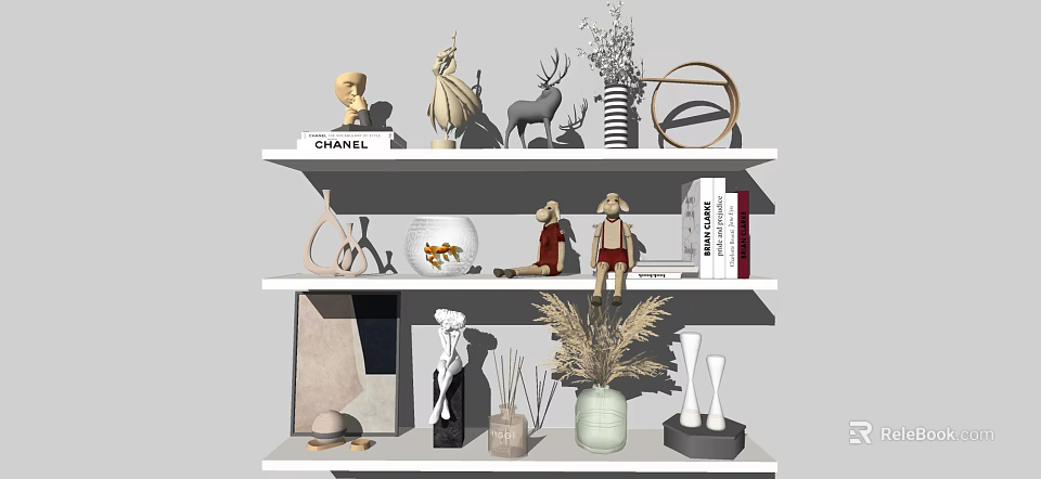 Modern Decorative Ornament Combination On Shelves With Sculptures Vases Books And Geometric Decor 3d model 