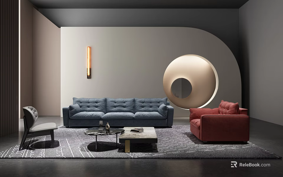 Modern Showroom Interior Featuring Blue Sofa Red Armchair Coffee Table And Circular Mirror 3d model 