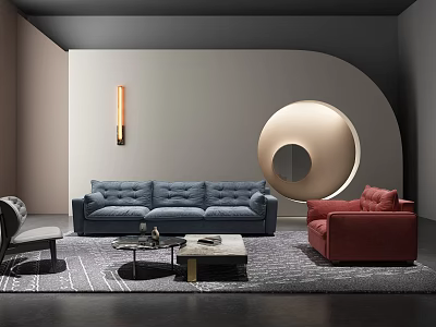 Modern Showroom Interior Featuring Blue Sofa Red Armchair Coffee Table And Circular Mirror 3d model