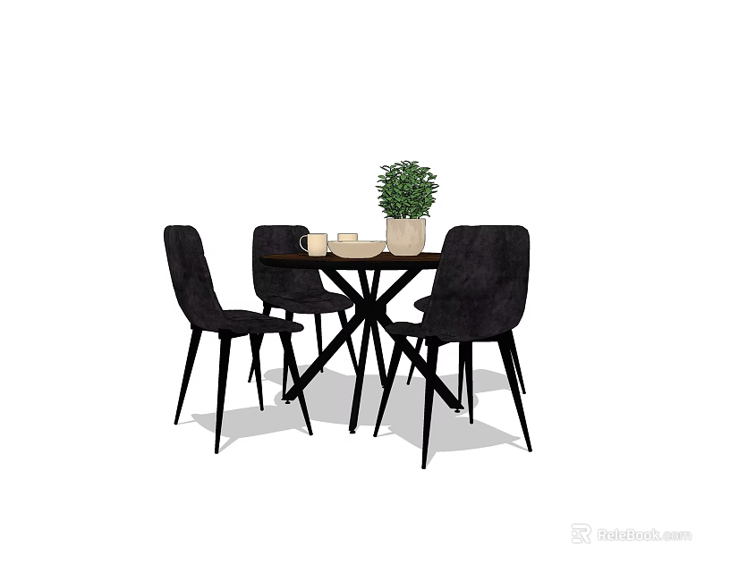 Modern Dining Table Set With Round Table Black Chairs Green Plant And Tableware 3d model