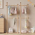 Wooden Storage Cabinet in Kids Room with Stuffed Toys Wooden Hanger and Alphabet Wall Decor