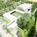 Modern Sales Office Building Exterior With Lush Greenery And Scenic Landscape Design