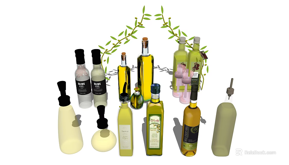 Assorted Glass Spice Bottles With Various Designs And Green Vines On Kitchen Counter 3d model 