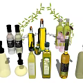 Assorted Glass Spice Bottles With Various Designs And Green Vines On Kitchen Counter