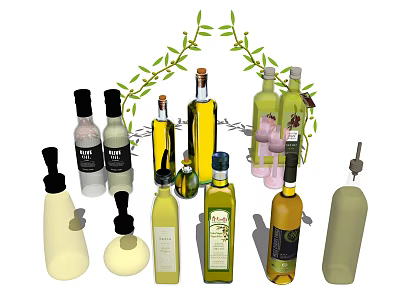 Assorted Glass Spice Bottles With Various Designs And Green Vines On Kitchen Counter 3d model