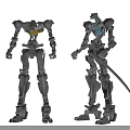 Two Mechanical Robot Models With Metallic Structure Yellow Blue Accents And Sword 3d model