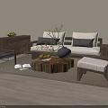 Modern Wooden Sofa and Coffee Table Set with Accent Chair Table Lamp and Decorative Rug