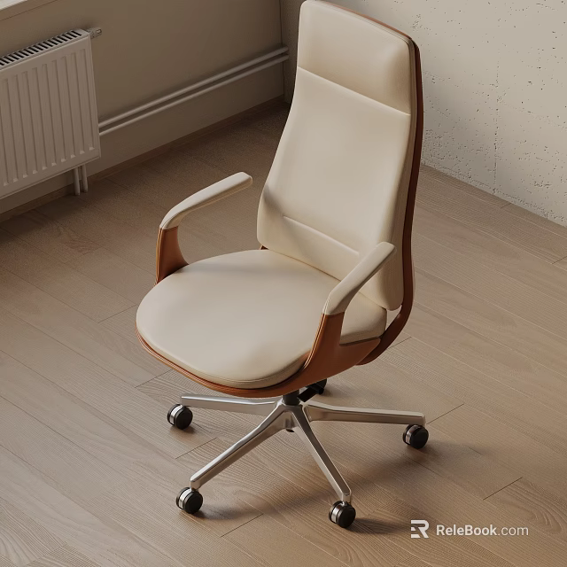 Modern White Leather Office Chair With Wooden Armrests And Metal Rolling Base 3d model 