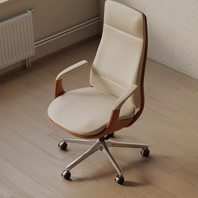 Modern White Leather Office Chair With Wooden Armrests And Metal Rolling Base 3d model
