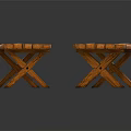 Three Wooden Folding Stools With Cross Legs And Natural Wood Grain