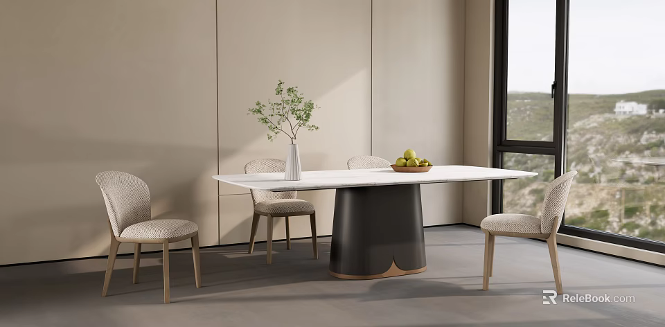 Modern Dining Table Set With White Top Black Base Upholstered Chairs And Natural Light 3d model 