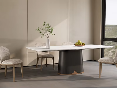 Modern Dining Table Set With White Top Black Base Upholstered Chairs And Natural Light 3d model