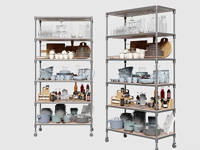 Multi Tier Metal Shelving Units with Wheels for Dishes Cups Bottles and Kitchen Storage 3d model