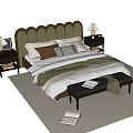 Elegant Double Bed With Curved Dark Green Headboard Cream Pillows Bench Nightstands And Table Lamps