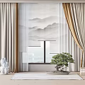 Elegant Double Layer Curtains Beige Brown With White Sheer Mountain Pattern Window Bonsai Decor 3d model